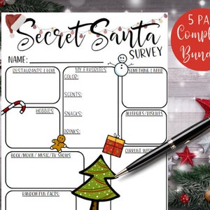 May include: A printable Secret Santa survey with a Christmas theme. The survey includes sections for restaurants, hobbies, favorite colors, scents, snacks, drinks, allergies, dislikes, current wishes, and random fun facts.
