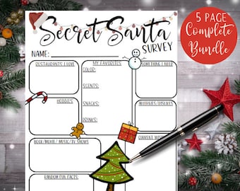 Może przedstawiać: Drukowana ankieta Secret Santa z motywem świątecznym. Ankieta zawiera sekcje dotyczące restauracji, hobby, ulubionych kolorów, zapachów, przekąsek, napojów, alergii, niechęci, aktualnych życzeń i losowych zabawnych faktów.