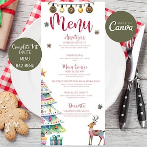 Plantilla de Menú de Navidad, Plantilla de Tarjeta de Menú de Navidad, Menú de Navidad Editable, Plantilla de Invitación de Navidad, Cena de Navidad