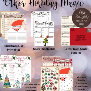 Może przedstawiać: Zbi&oacute;r drukowanych artykuł&oacute;w świątecznych, w tym lista świąteczna, zestawy Secret Santa, list od Świętego Mikołaja, menu i zaproszenie na Boże Narodzenie oraz odliczanie do świąt. Wszystkie artykuły są ozdobione świątecznymi kolorami i wzorami.