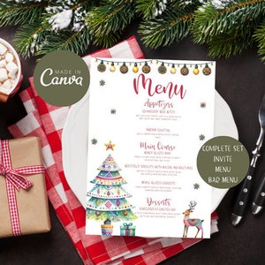 Plantilla de Menú de Navidad, Plantilla de Tarjeta de Menú de Navidad, Menú de Navidad Editable, Plantilla de Invitación de Navidad, Cena de Navidad
