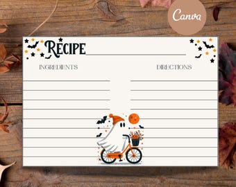Editable Halloween Recipe Card Template - 4x6 and 5x7 Spooky & Fall Cards, Farmhouse Recipe Cards, Cute Ghost Printable Cookbook Page