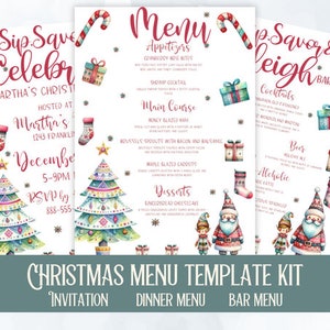 Plantilla de Menú de Navidad, Plantilla de Tarjeta de Menú de Navidad, Menú de Navidad Editable, Plantilla de Invitación de Navidad, Cena de Navidad