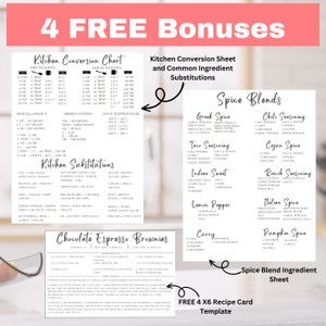 May include: Printable kitchen conversion chart and common ingredient substitutions, spice blend recipe cards, and a recipe card for chocolate espresso brownies.  The printable sheets are in black and white with a pink background.
