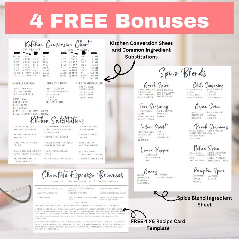 May include: Printable kitchen conversion chart and common ingredient substitutions, spice blend recipe cards, and a recipe card for chocolate espresso brownies.  The printable sheets are in black and white with a pink background.