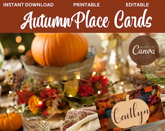 Tarjetas EDITABLES de lugar de Acción de Gracias, Tarjetas de lugar de otoño, Plantilla de tarjeta de lugar, Tarjeta de lugar de calabaza, Tarjeta de nombre de Acción de Gracias,