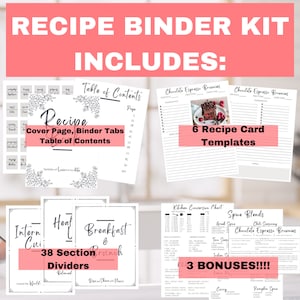 May include: A printable recipe binder kit with a cover page, binder tabs, table of contents, 38 section dividers, 6 recipe card templates, and 3 bonus pages. The kit includes a kitchen conversion chart, spice blends, and a chili seasoning recipe.