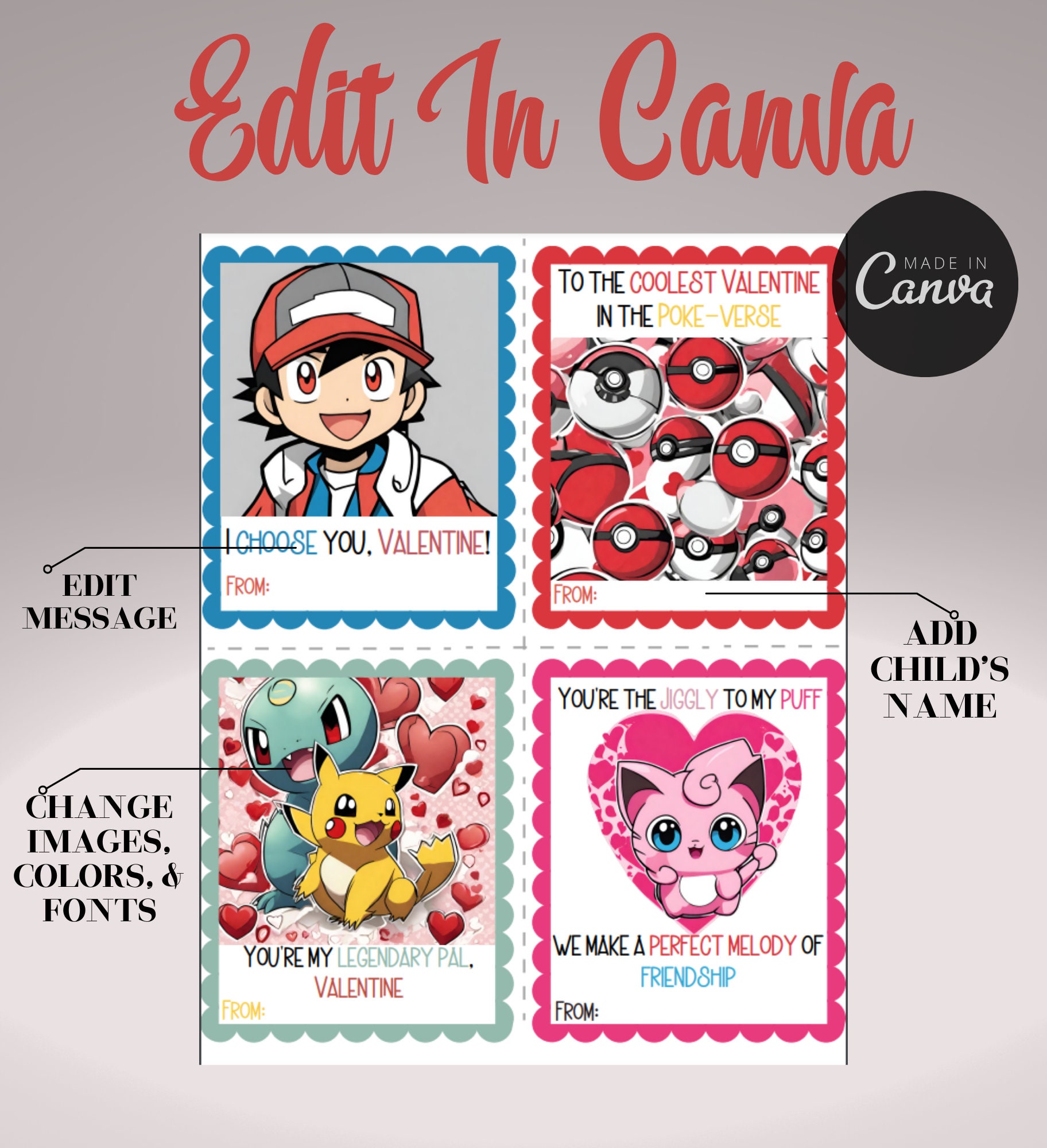 Pokemon Valentine Cards, Editable & Printable Vday Cards for Kids, Cute ...