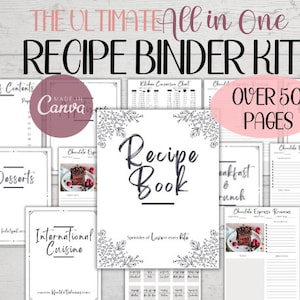Puede incluir: Un kit de carpeta de recetas imprimible con más de 50 páginas. El kit incluye una tabla de contenido, páginas de recetas, una tabla de conversión de cocina y una sección para postres, cocina internacional, desayuno y brunch. La portada presenta un diseño floral en blanco y negro con el texto "Recipe Book" en una fuente decorativa.