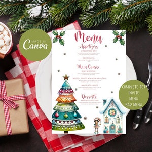Plantilla de Menú de Navidad, Plantilla de Tarjeta de Menú de Navidad, Menú de Navidad Editable, Plantilla de Invitación de Navidad, Cena de Navidad