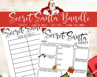 May include: A printable Secret Santa bundle with a sign-up sheet, survey, gift tags, and thank you cards. The bundle features a festive Christmas theme with a Santa Claus illustration and red and white colors.