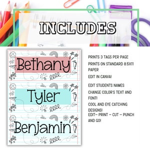 Puede incluir: Etiquetas de nombre imprimibles con un dise&ntilde;o divertido y colorido. Las etiquetas presentan una variedad de garabatos, incluyendo estrellas, arco&iacute;ris y bombillas. Los nombres Bethany, Tyler y Benjamin se muestran en las etiquetas. Las etiquetas est&aacute;n dise&ntilde;adas para imprimirse en papel est&aacute;ndar de 8,5x11 pulgadas.