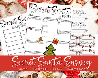 May include: A printable Secret Santa survey with sections for name, restaurants, favorite colors, scents, hobbies, snacks, drinks, books, movies, music, TV shows, allergies, dislikes, current wishlist, and random fun facts. The survey is decorated with a snowman, a Christmas tree, and candy canes.