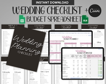 Lista de verificación de bodas + Paquete de hojas de cálculo de presupuesto de bodas, Plantilla de lista de verificación de bodas, Editar en Canva, Google Docs, Seguimiento de presupuesto de bodas