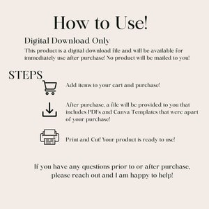 Puede incluir: Una gu&iacute;a de descarga digital con pasos sobre c&oacute;mo usar un producto digital. Los pasos incluyen agregar art&iacute;culos a un carrito, descargar un archivo e imprimir y cortar. El texto "How to Use!" est&aacute; en la parte superior de la imagen.