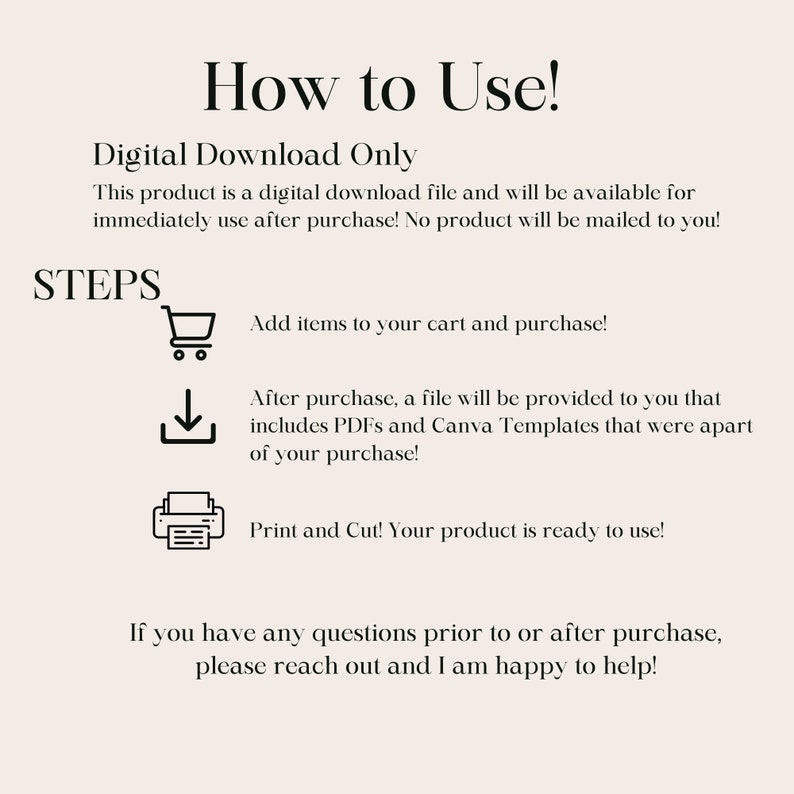 Puede incluir: Una gu&iacute;a de descarga digital con pasos sobre c&oacute;mo usar un producto digital. Los pasos incluyen agregar art&iacute;culos a un carrito, descargar un archivo e imprimir y cortar. El texto "How to Use!" est&aacute; en la parte superior de la imagen.
