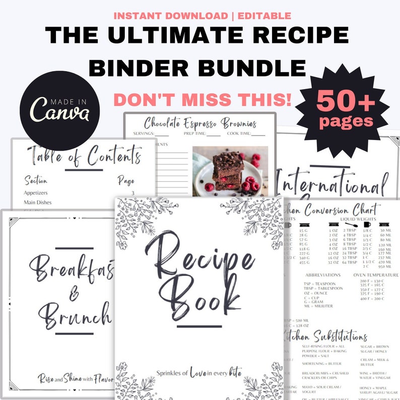 May include: A printable recipe binder bundle with over 50 pages. The cover features a black and white floral design with the text "Recipe Book" and the tagline "Sprinkles of Love in every bite". The bundle includes a table of contents, a section for breakfast and brunch recipes, and a section for international recipes. It also includes a kitchen conversion chart and a kitchen substitution chart.