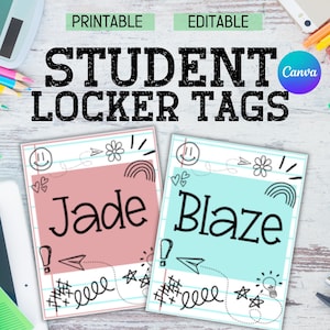 May include: Two printable student locker tags with a notebook paper design. The tags are pink and blue with the names "Jade" and "Blaze" written in black.