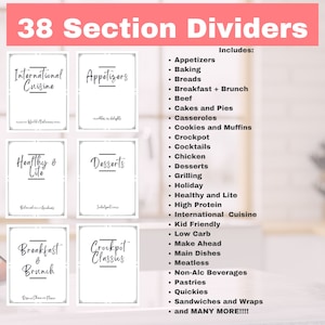 May include: A set of 38 printable recipe dividers for organizing recipes by category. The dividers feature black text on a white background with a simple border. Categories include: International Cuisine, Appetizers, Healthy & Lite, Desserts, Breakfast & Brunch, and Crockpot Classics.