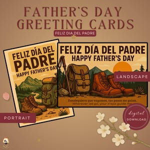 2 Bilingual Father's Day| Día del Padre Printable Greeting Cards | Hiking Scene | Digital Download | 5x7 Foldable PNG + PDF