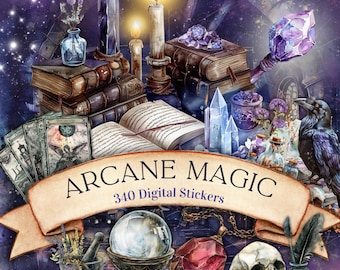 May include: A collection of 340 digital stickers featuring a whimsical, magical theme. The stickers include a crystal ball, a skull, a potion bottle, a raven, a book, a candle, and a tarot card. The stickers are perfect for adding a touch of magic to your digital projects.