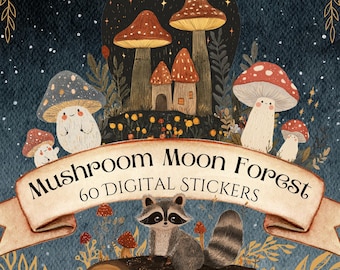 Fantasy Mushroom Digital Stickers, Cottagecore Forest Clipart, Whimsical Fungi PNG, Botanical Junk Journal Kit, Fairy Garden Art