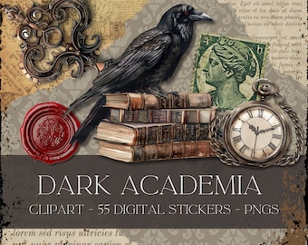 Dark Academia Clipart | Vintage Books, Raven, Gothic Stickers (PNG)