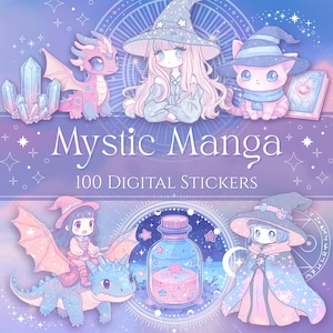 Stickers numériques manga kawaii mystique | Clipart magique rêveur mignon | Clipart anime pastel mignon | Clipart magique Chibi Kawaii |
