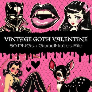 May include: A digital clipart set featuring vintage goth Valentine's Day illustrations. The set includes a black and white illustration of a masked figure, a red and black illustration of a mouth with fangs, a black and white illustration of a woman with a black bob haircut, a black and white illustration of a woman with a black bob haircut and a black and white illustration of a deer with stars on its body. The set also includes the text "Vintage Goth Valentine 50 PNGs + GoodNotes File".