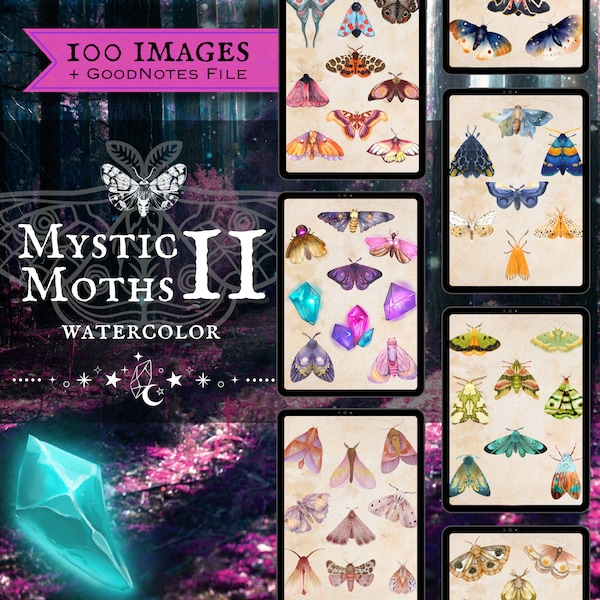 Mystic Moths: Vol 2 - Watercolor Digital Stickers | Moth PNG Clipart | Pre-cropped for GoodNotes, Notability, OneNote | Printable Stickers