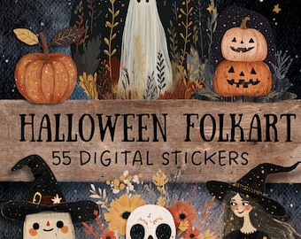 May include: A set of 55 digital stickers featuring a Halloween theme with illustrations of a ghost, pumpkins, a witch, a skull, and flowers. The stickers are in a folk art style with a dark background and a wooden sign that says "Halloween Folkart 55 Digital Stickers".