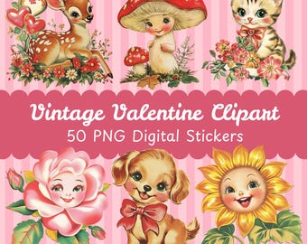 Vintage Valentine Clipart, 50s Puppy and Kitten Stickers, Mid Century Modern Puppy Love PNG, Retro Kitsch Animal Graphics, Junk Journal Kit