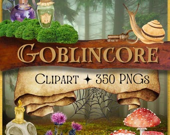 Goblincore Clipart Stickers, Forest Nature Digital Illustrations, Dark Cottagecore Aesthetic PNG, Mossy Junk Journal Ephemera, Fantasy Art