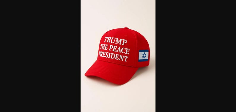 Puede incluir: Una gorra de b&eacute;isbol de color rojo brillante con el texto TRUMP THE PEACE PRESIDENT bordado en blanco en el panel frontal. El lateral de la gorra muestra un peque&ntilde;o parche rectangular de la bandera de Israel con una estrella de David azul.
