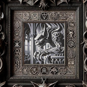 Può includere: Una cornice per foto nera ornata con un design gotico. La cornice presenta motivi di gargoyle e teschi. La foto all'interno della cornice è un'illustrazione in bianco e nero di una gargoyle.