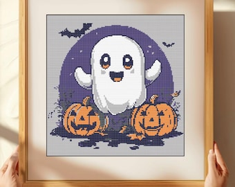 Korsstygnsmönster med spöken och pumpor: Halloween-höstdesign (PDF)