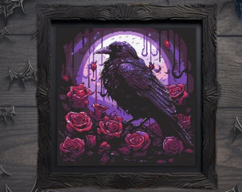May include: A framed illustration of a black raven perched on a branch with purple and red roses in the background. The raven is surrounded by a purple moon and dripping blood.