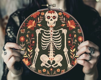 Folk Art Skeleton Cross Stitch Pattern: Floral Gothic Design (PDF)