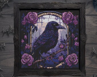 May include: A black raven with purple roses in a black frame. The raven is perched on a branch with its wings spread. The background is a dark purple with a light blue sky.