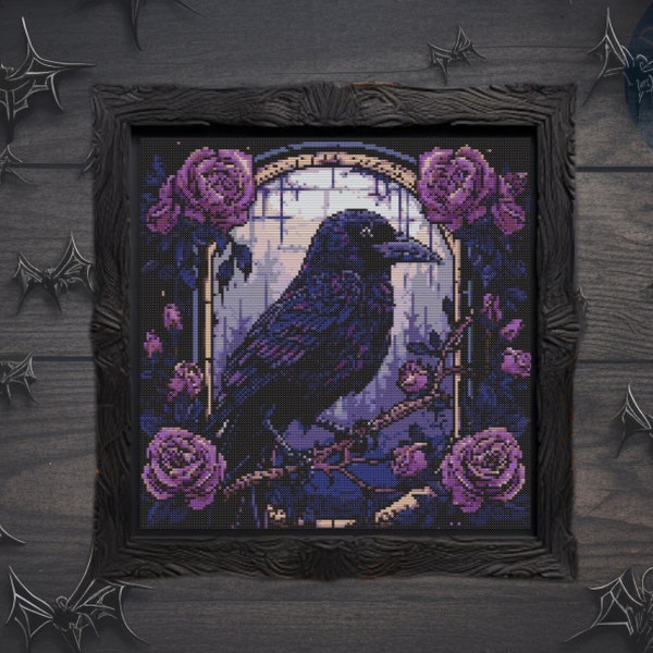 Raven and Roses Cross Stitch Pattern, Modern Halloween x-stitch PDF Pattern, Gothic Digital Design, Animal Pattern