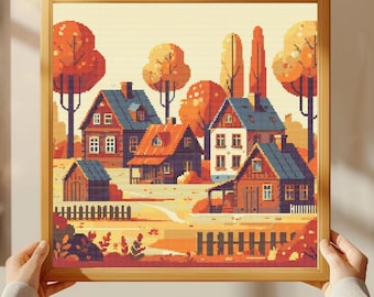 Autumn Village Houses Cross Stitch Pattern: Modern Landscape (PDF)