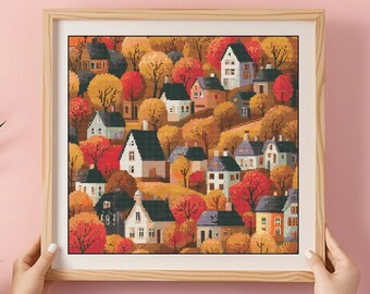 Autumn Village Houses Cross Stitch Pattern: Landscape Counted Chart (PDF)