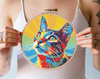 Pop Art Cat Cross Stitch Pattern: Modern Colorful Design (PDF)