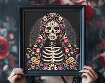 Volkskunst Skelett Kreuzstich-Muster: Florales Gothic Design (PDF)
