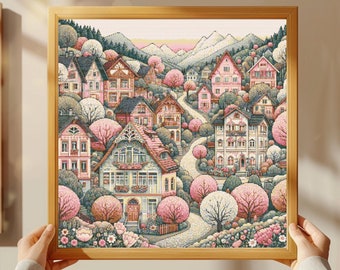 Village Houses Cross Stitch Pattern: Town Landscape (PDF Download)