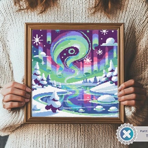 Northern Lights Cross Stitch Pattern: Aurora Borealis Landscape (PDF Pattern)