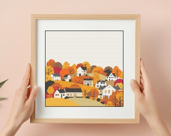 Autumn Village Cross Stitch Pattern: Landscape Town (PDF Download)