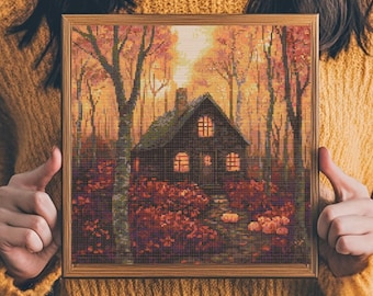 Kreuzstich-Muster Herbstwald Haus: Gemütliche Herbstlandschaft Kreuzstichmuster