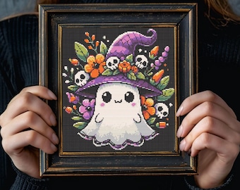 Flower Ghost Cross Stitch Pattern: Halloween Autumn Design (PDF)