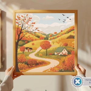 Autumn Forest Village houses Cottage cross stitch pattern | Modern Fall Cross Stitch | Landscape cross stitch | Autumn xstitch chart
